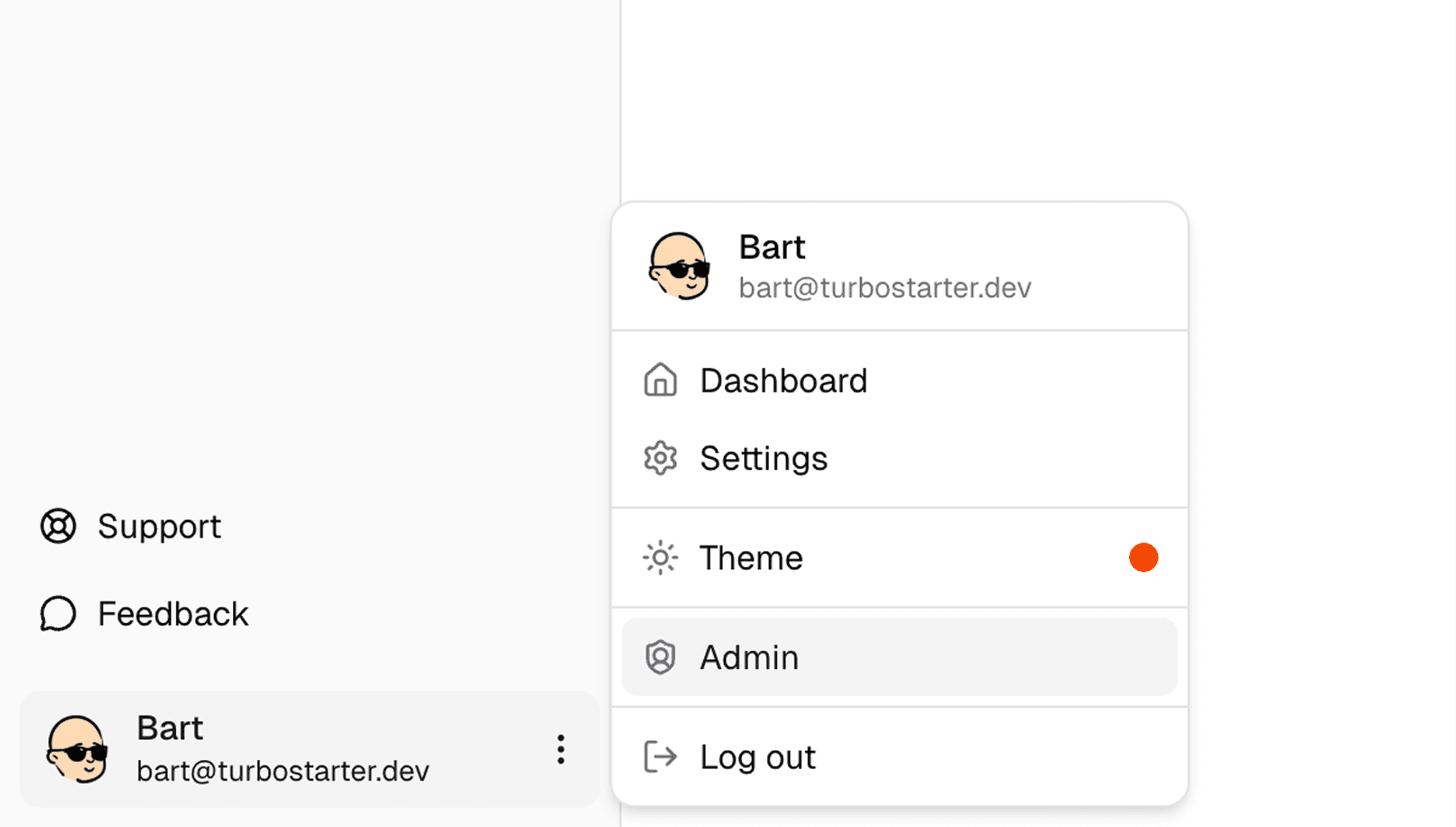 Admin access through the navigation menu