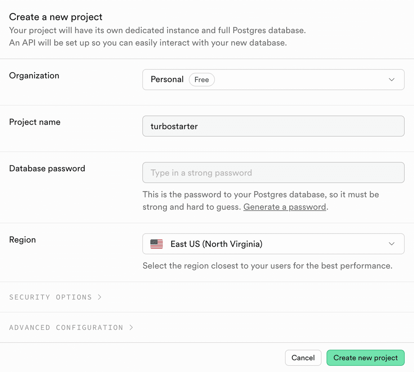 Create a new Supabase project