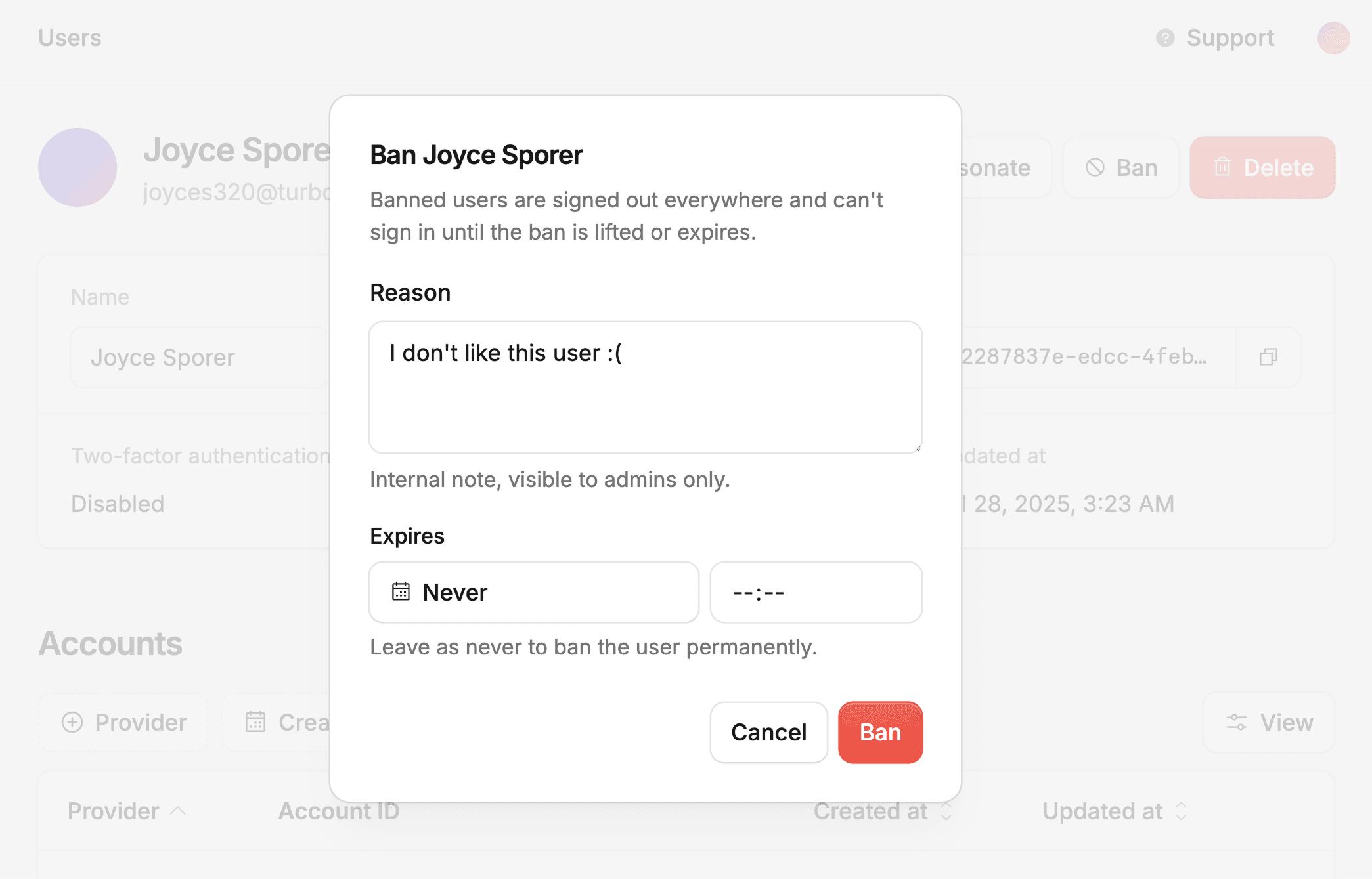 Ban dialog with an internal reason and an optional expiry date