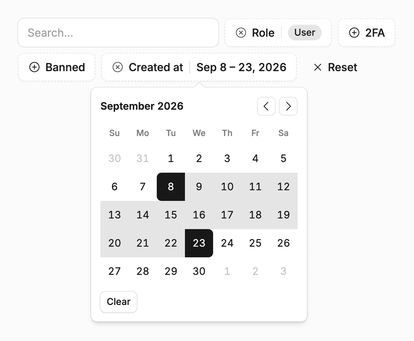 Data table toolbar with an open date range filter