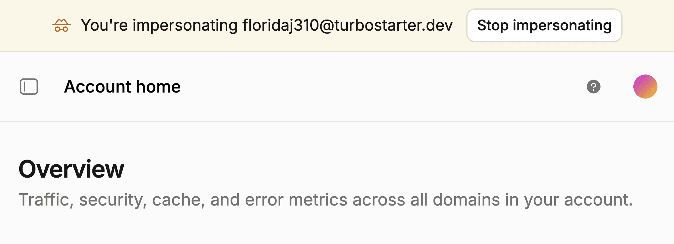 Dashboard banner showing an active impersonation with a stop button