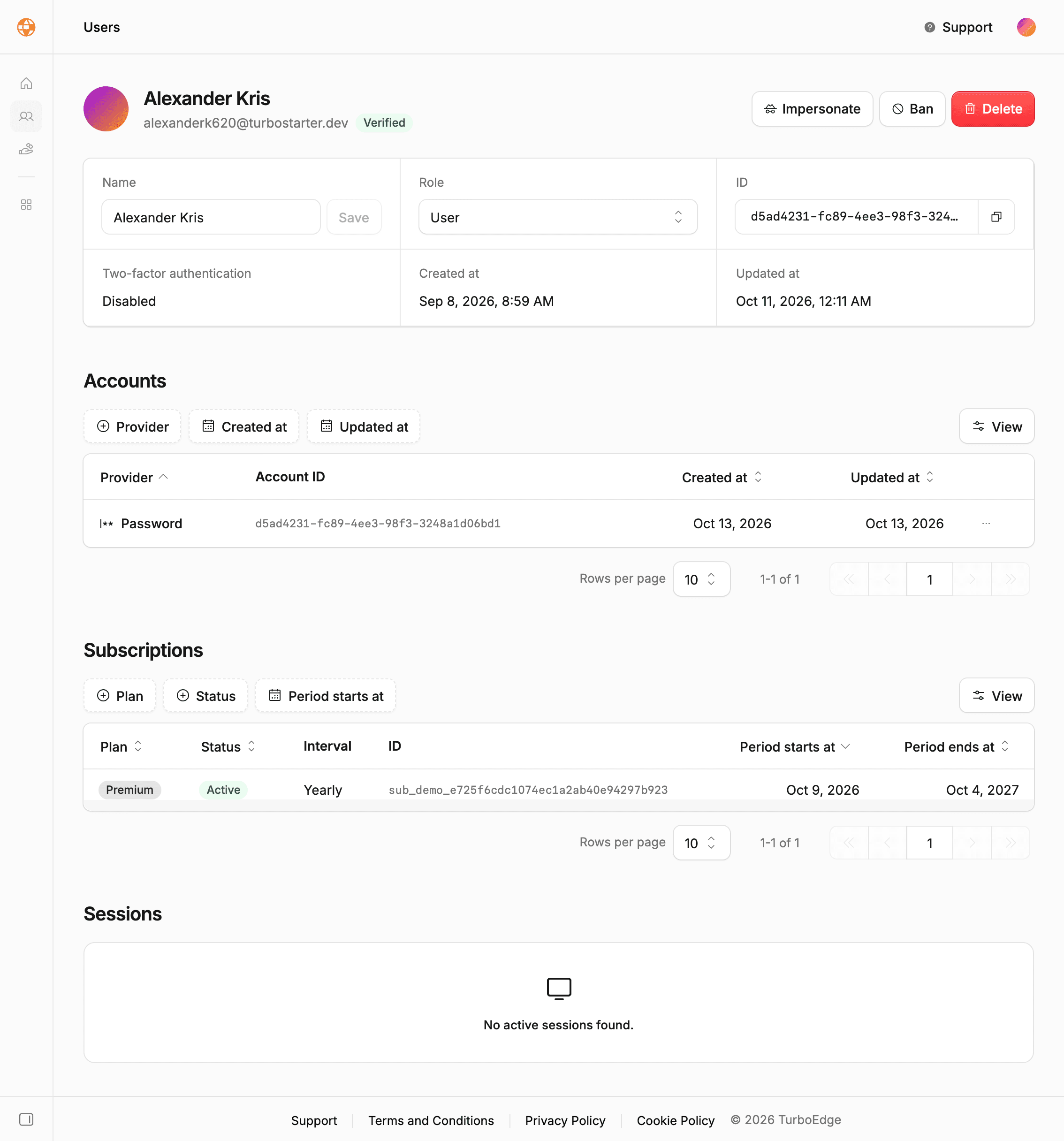 Admin user details with account actions, profile fields, and sign-in methods