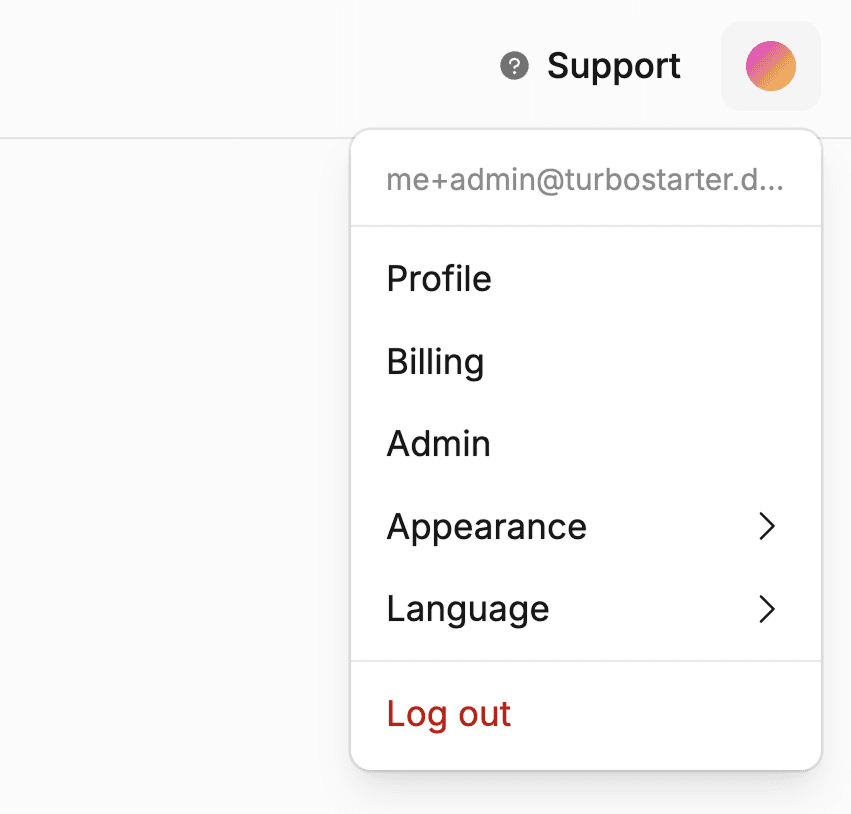Dashboard user menu with an Admin link for administrators
