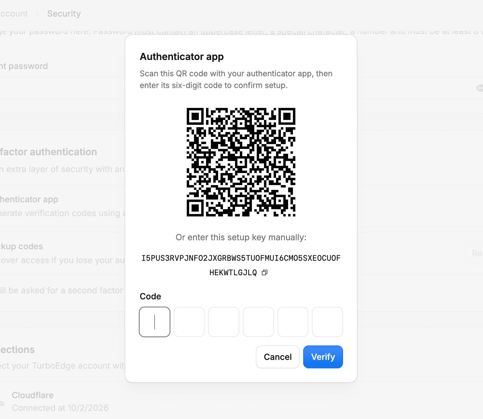 Authenticator setup dialog showing the QR code, manual setup key, and verification code input