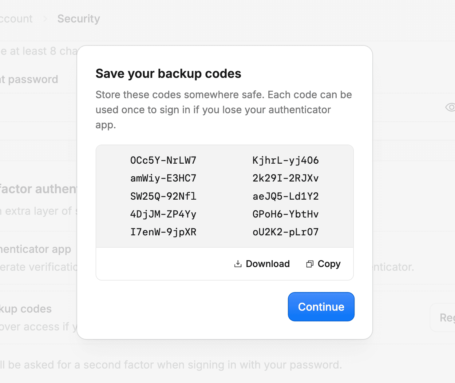 Backup codes dialog listing the generated codes with the copy action
