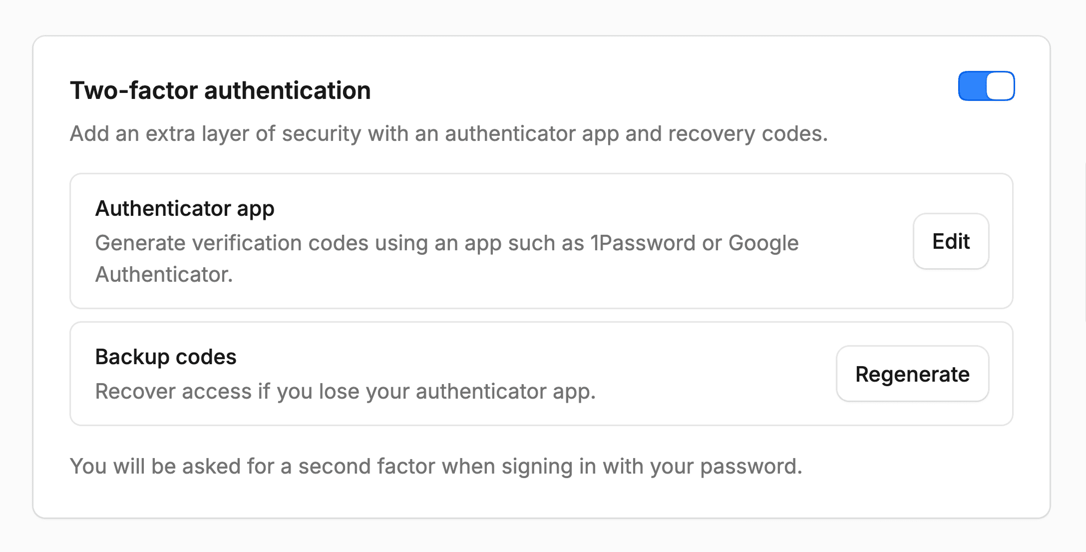 Two-factor authentication settings card showing the authenticator app and backup codes