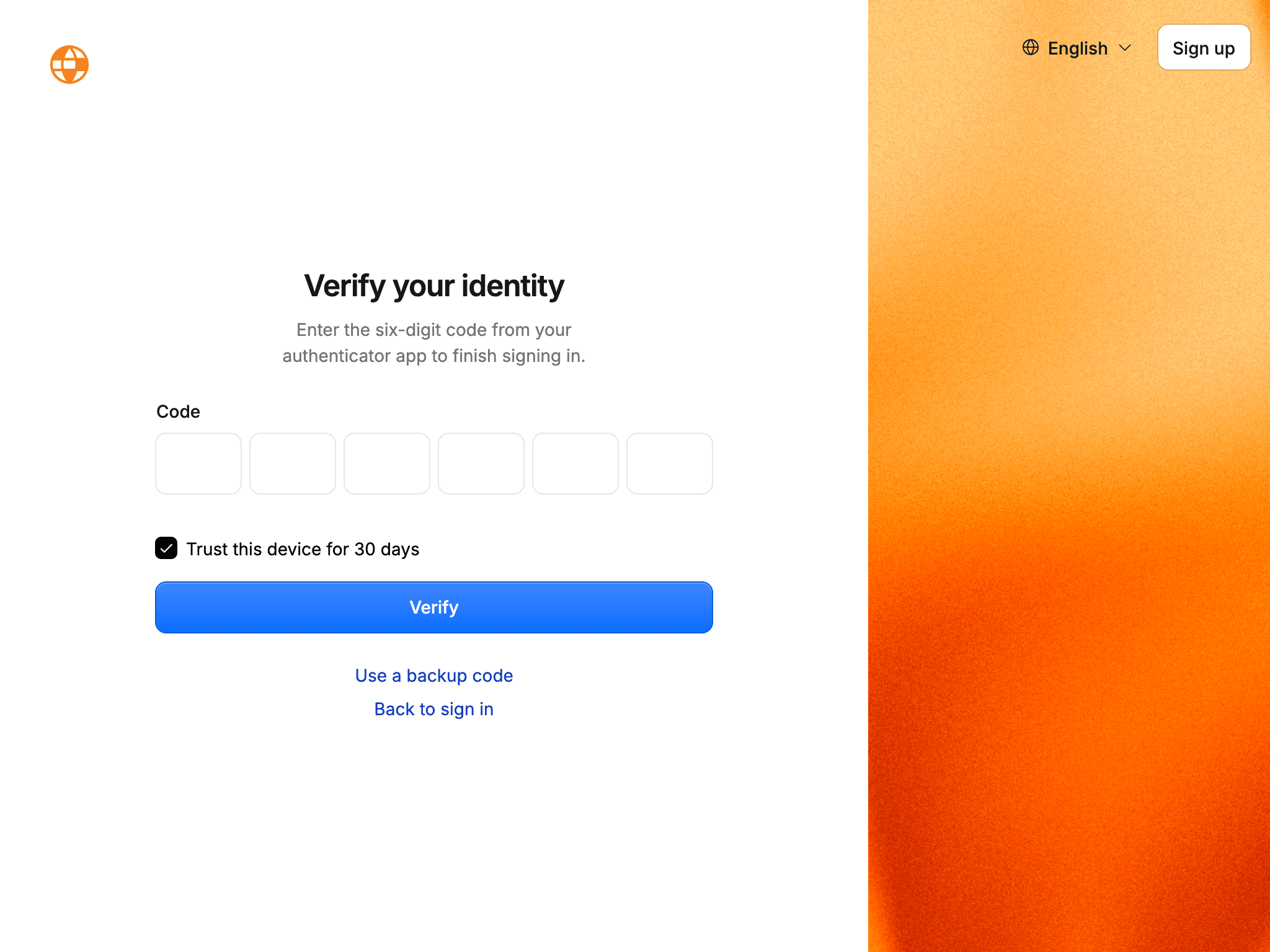 Two-factor sign-in step showing the verify your identity text, segmented six-digit code input, trust this device for 30 days checkbox, use a backup code and back to sign in links