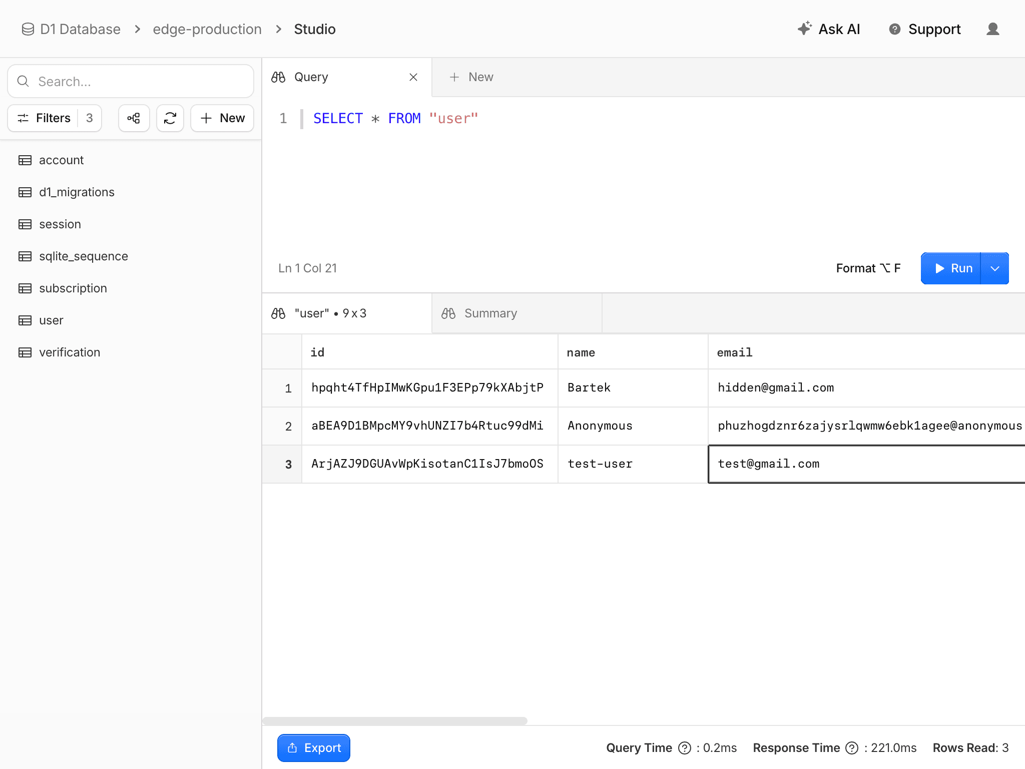D1 database table list after migration