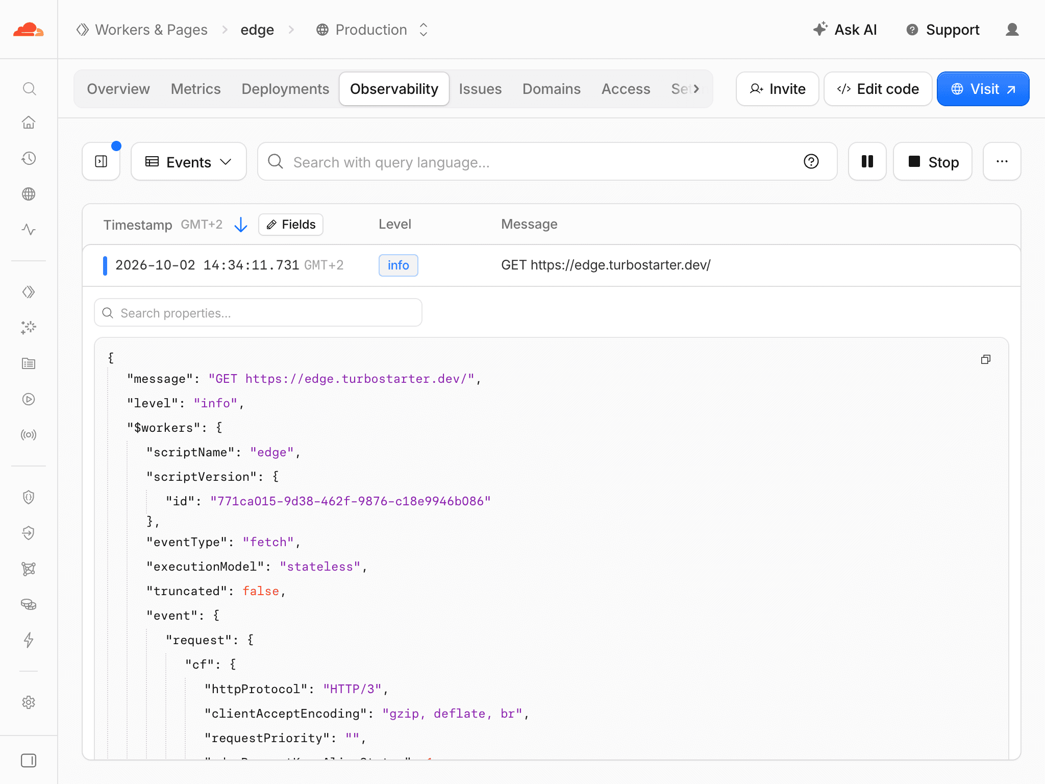 Edge Worker logs showing a request ID and HTTP status