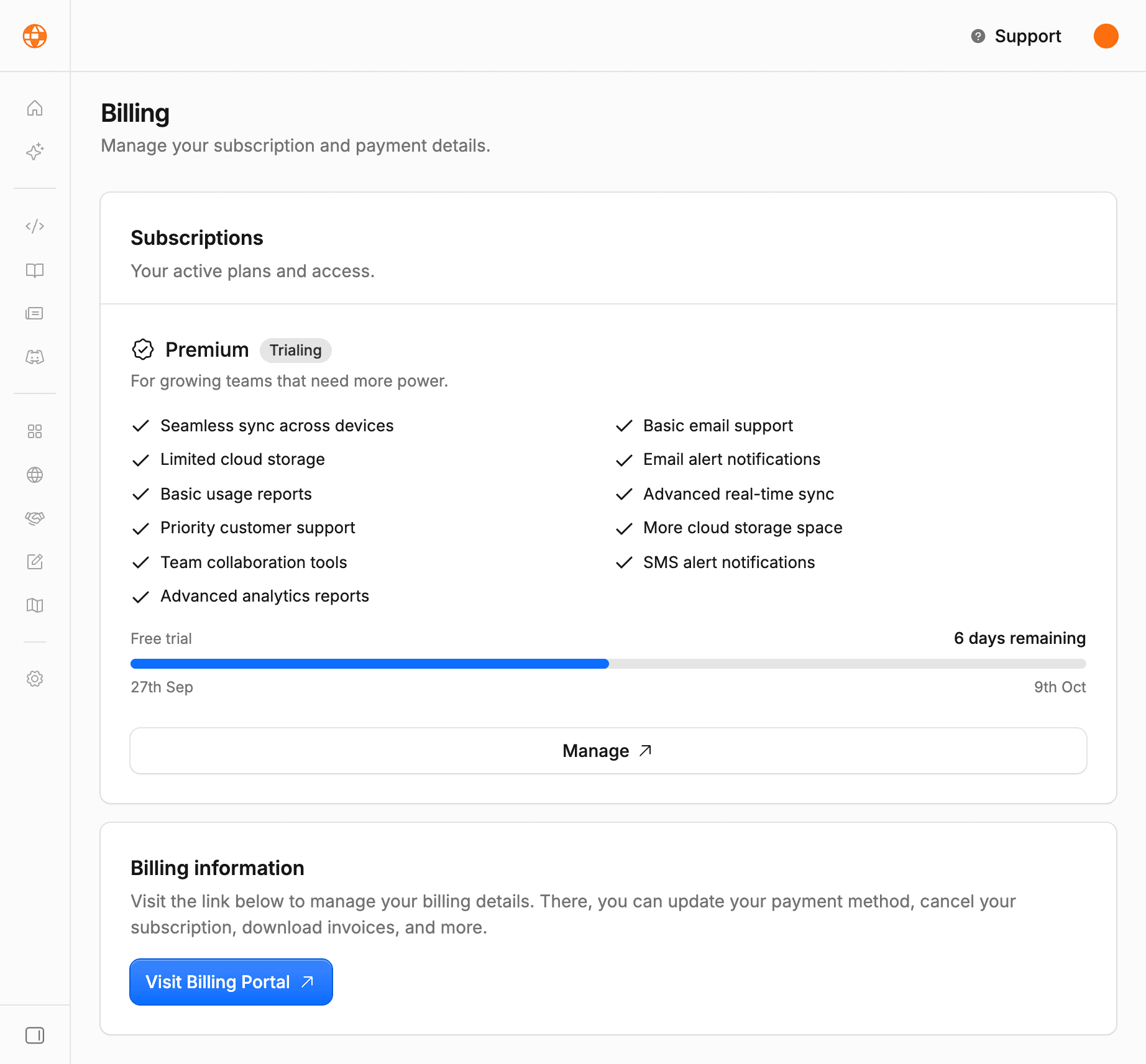 /dashboard/settings/billing in the Edge app with an example subscription