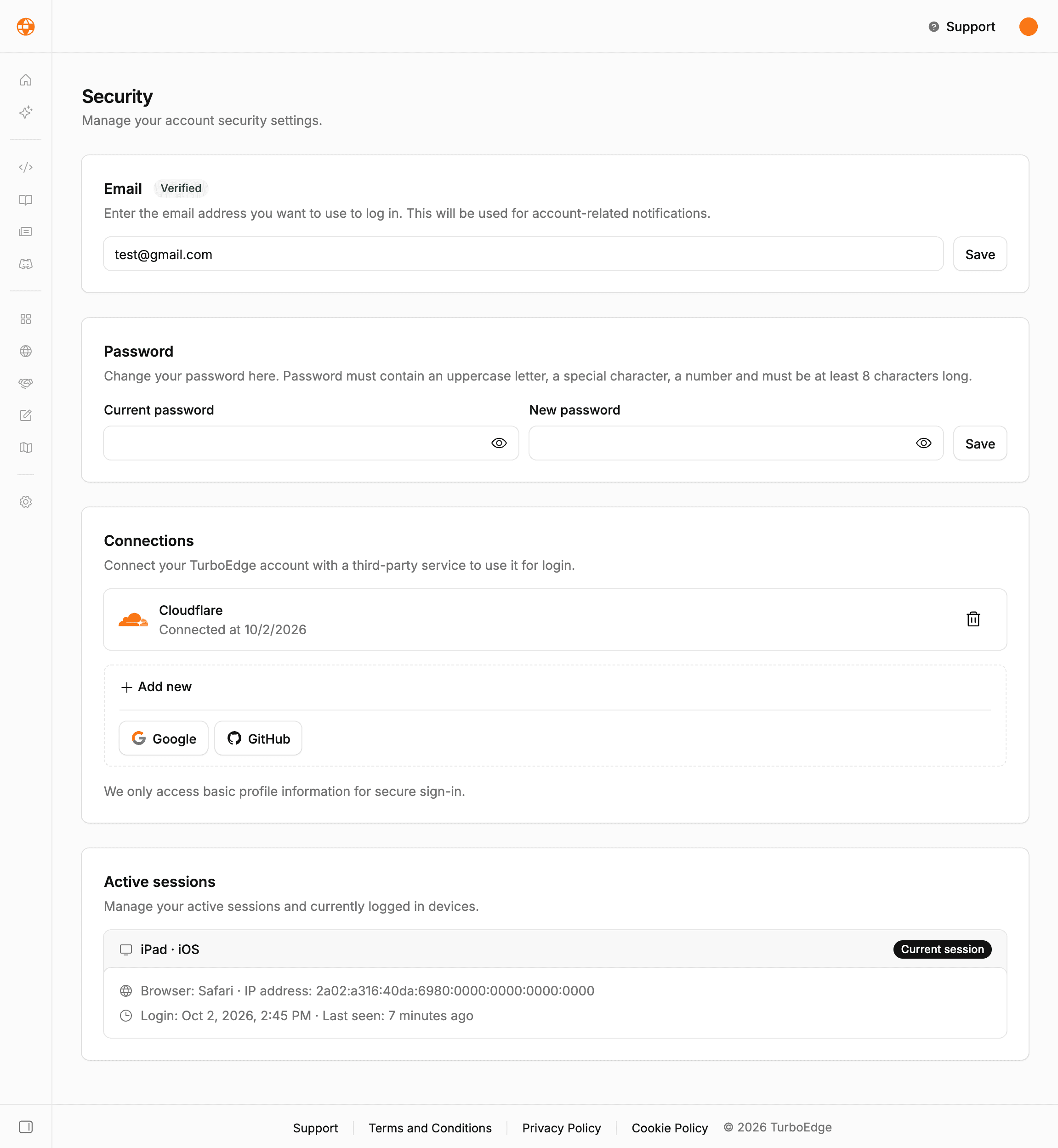 Security profile page on Edge Kit showing email, linked accounts, and sessions