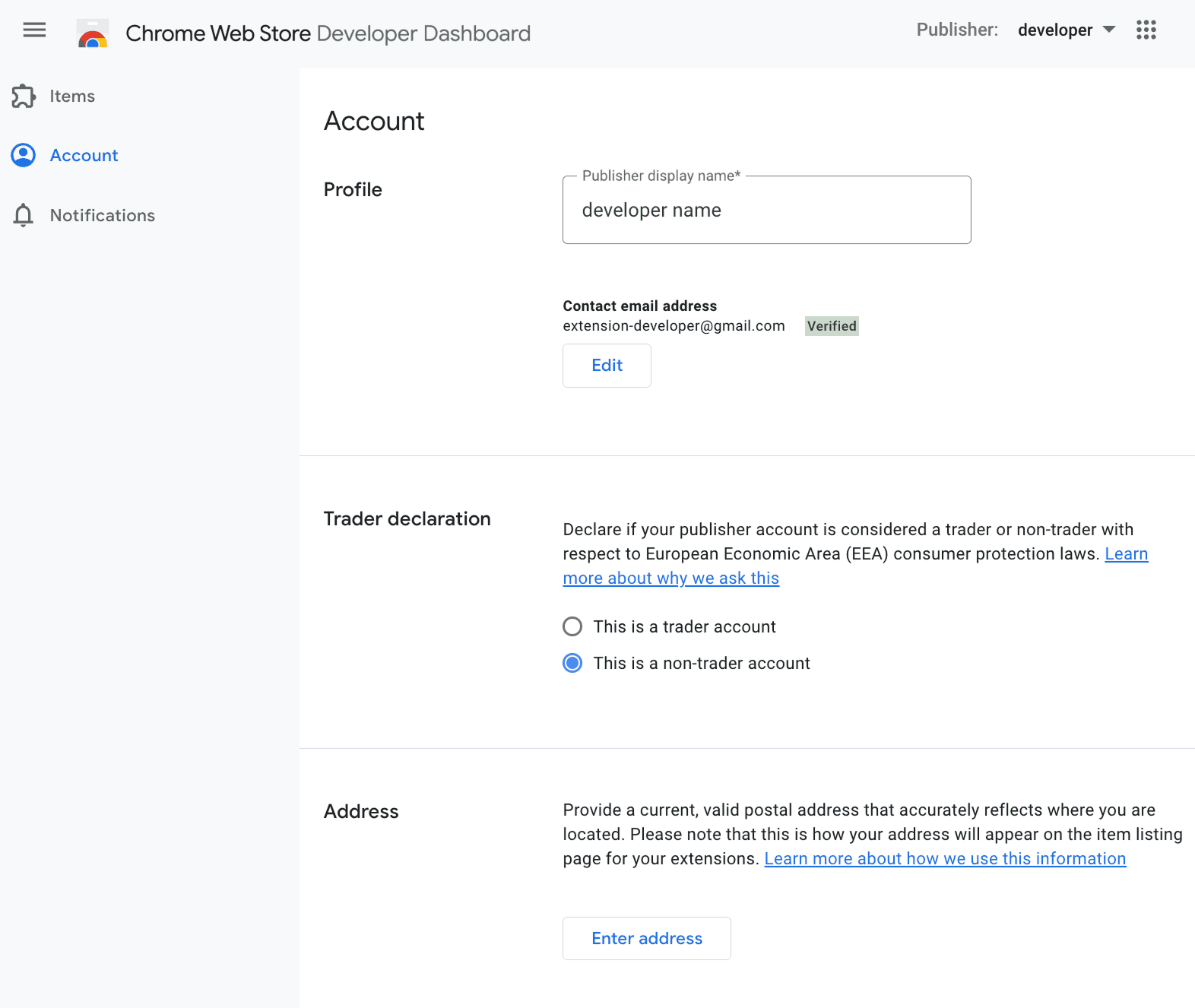 Chrome developer account