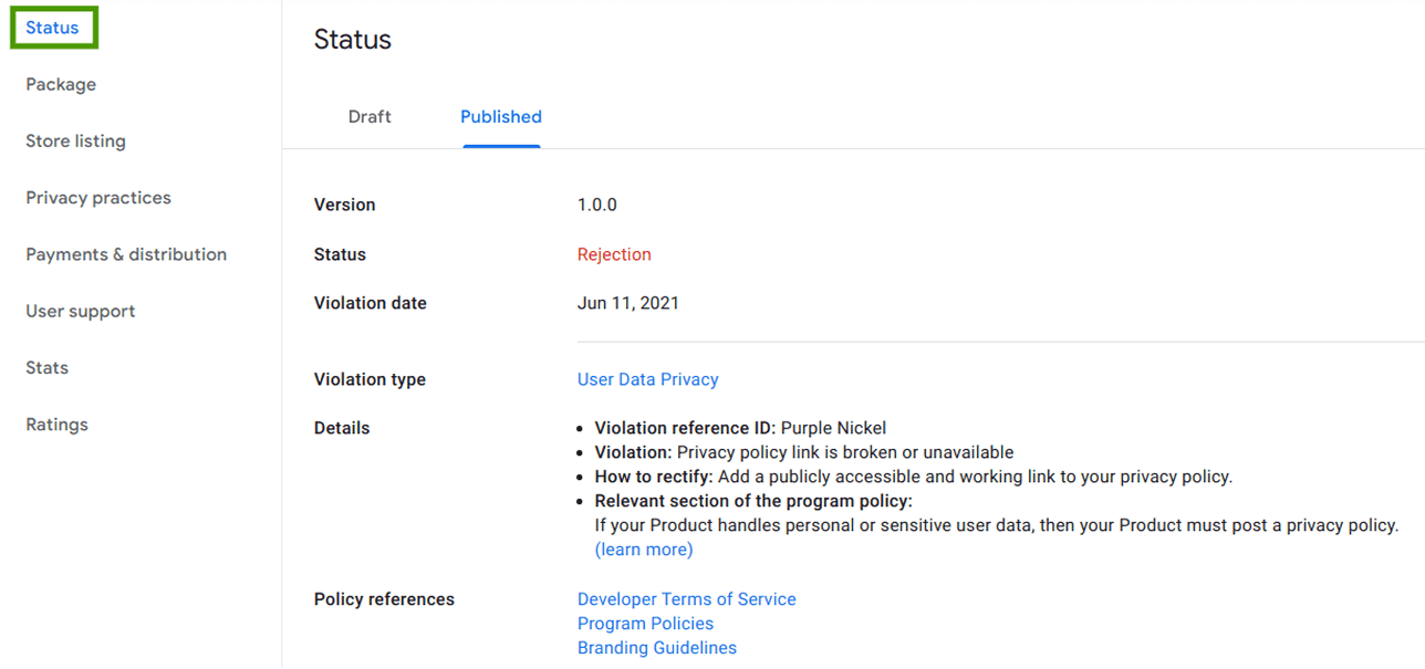 Chrome extension rejected