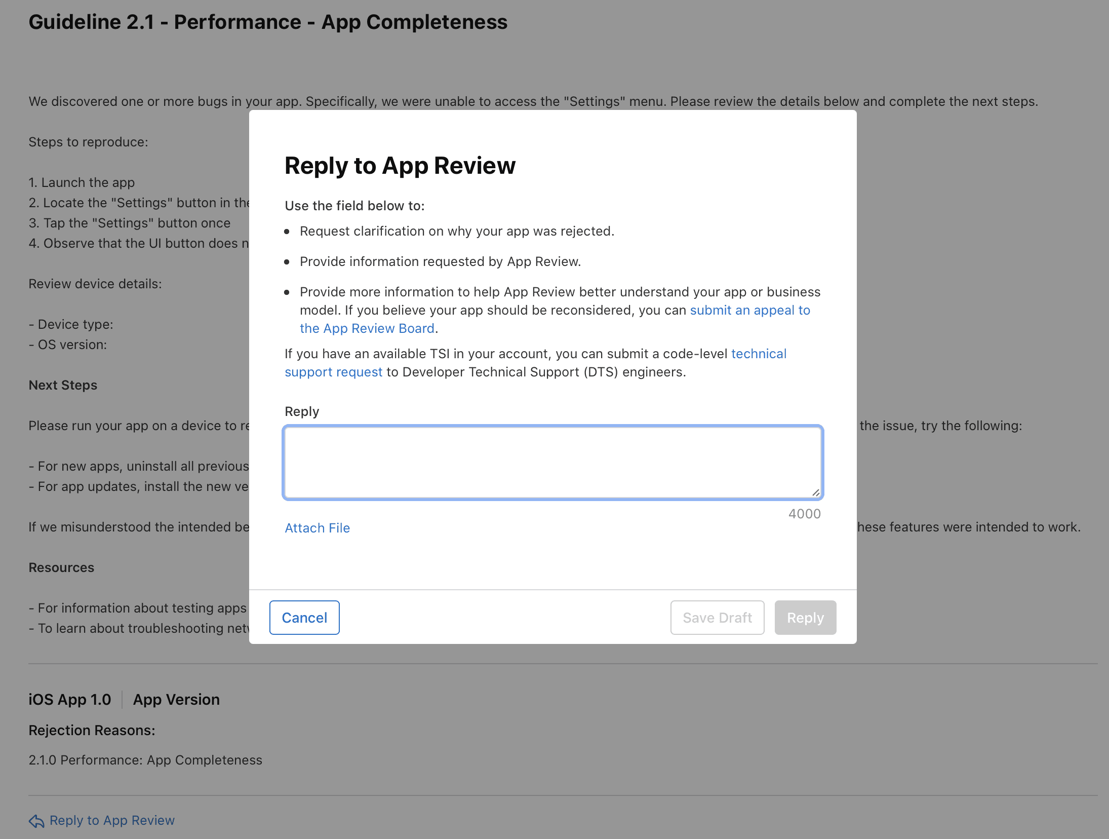 App Store Connect Reply to Review