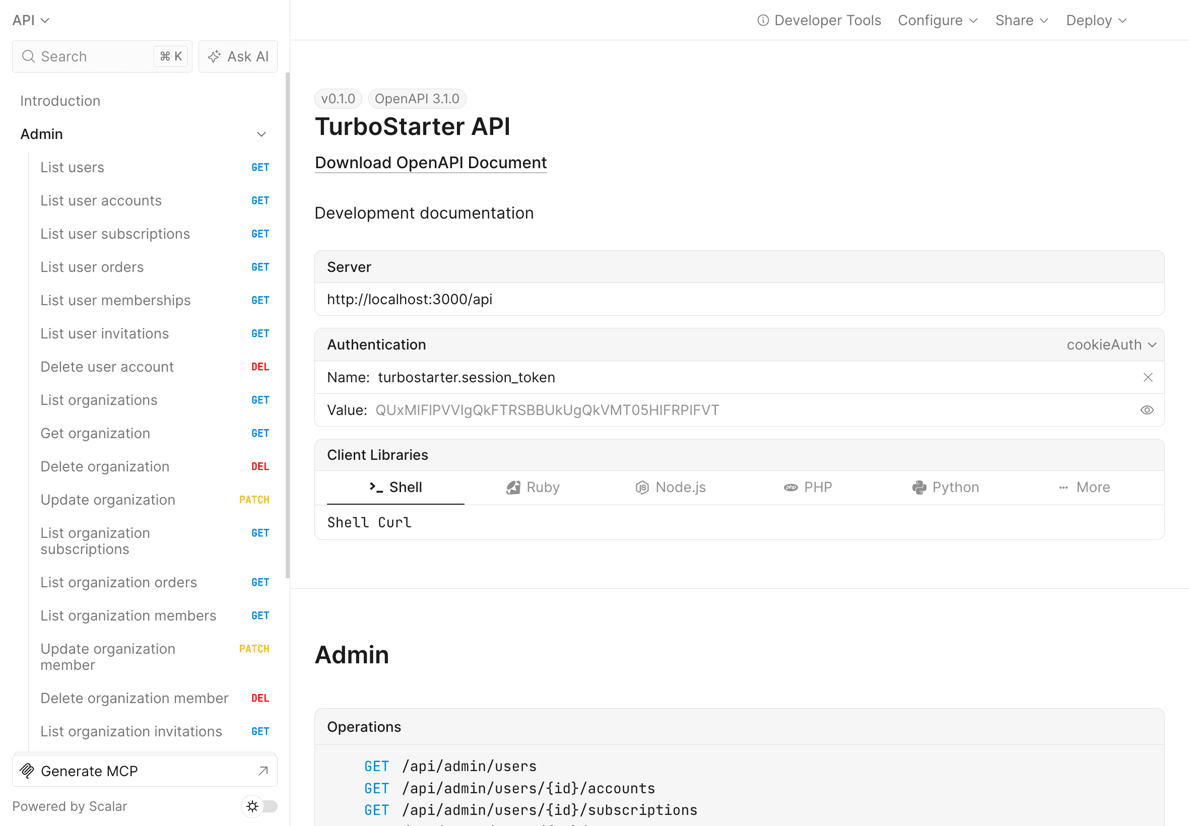 Scalar API reference for TurboStarter