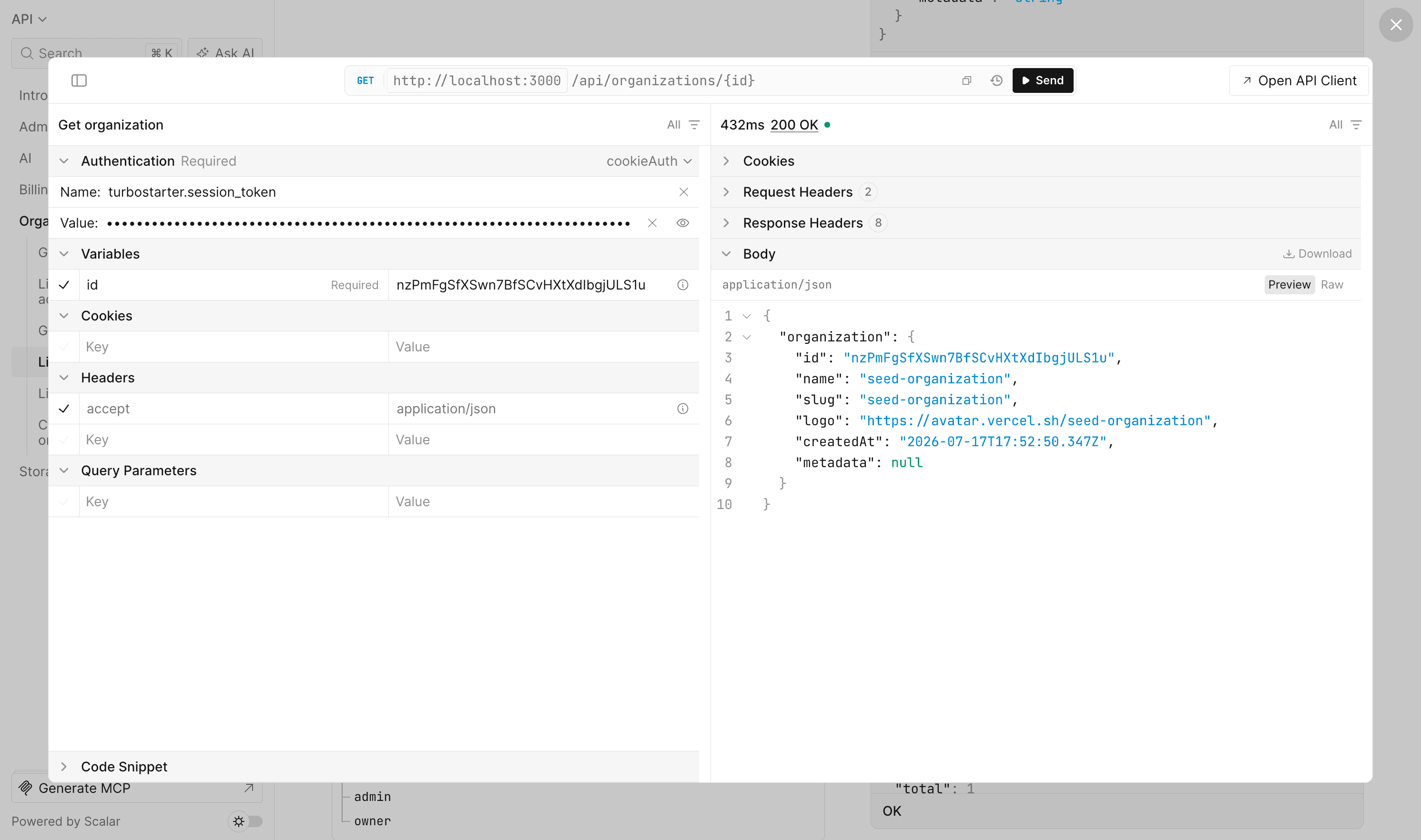Trying an authenticated Organizations request in Scalar
