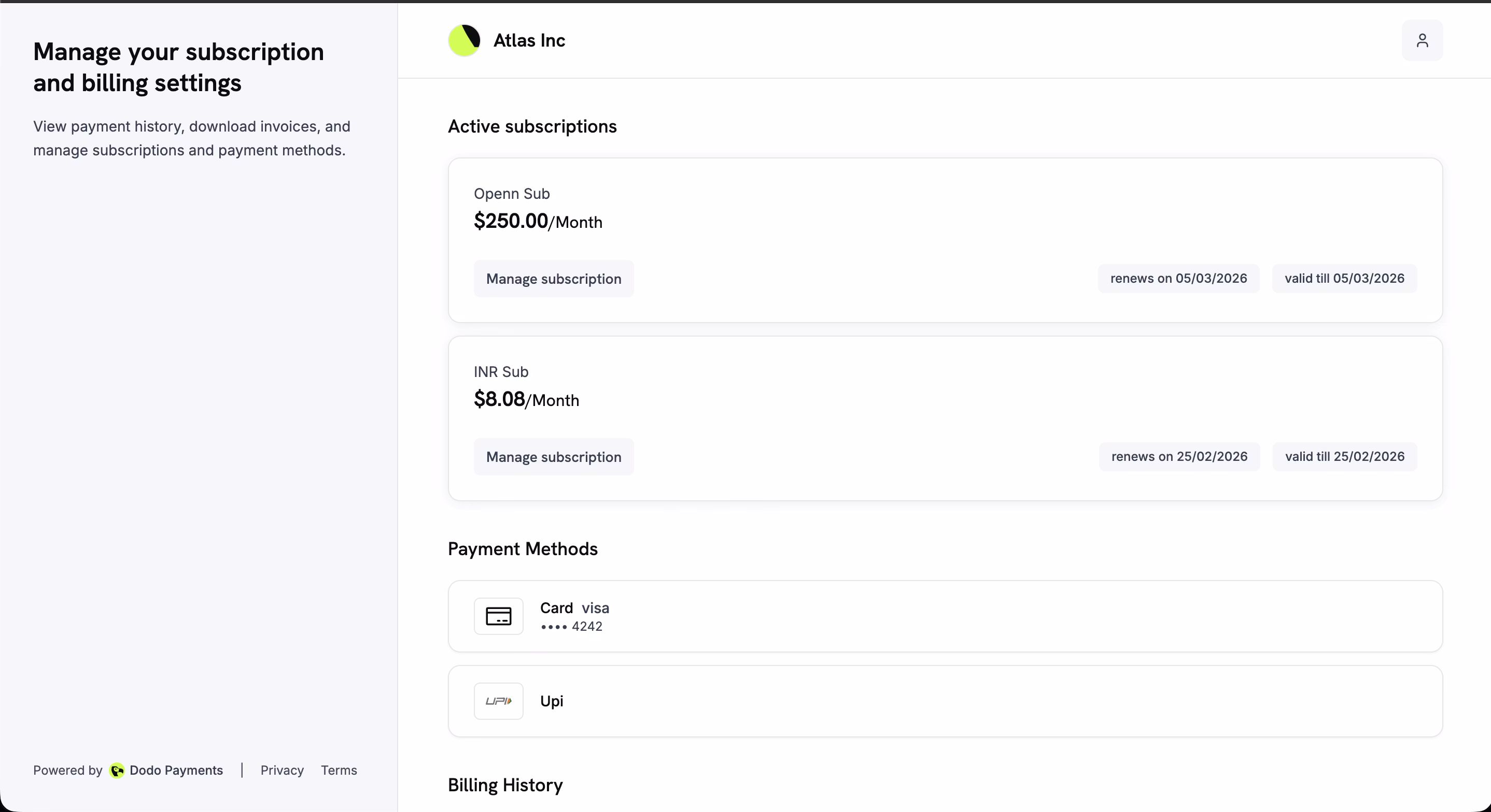 Dodo Payments Customer Portal