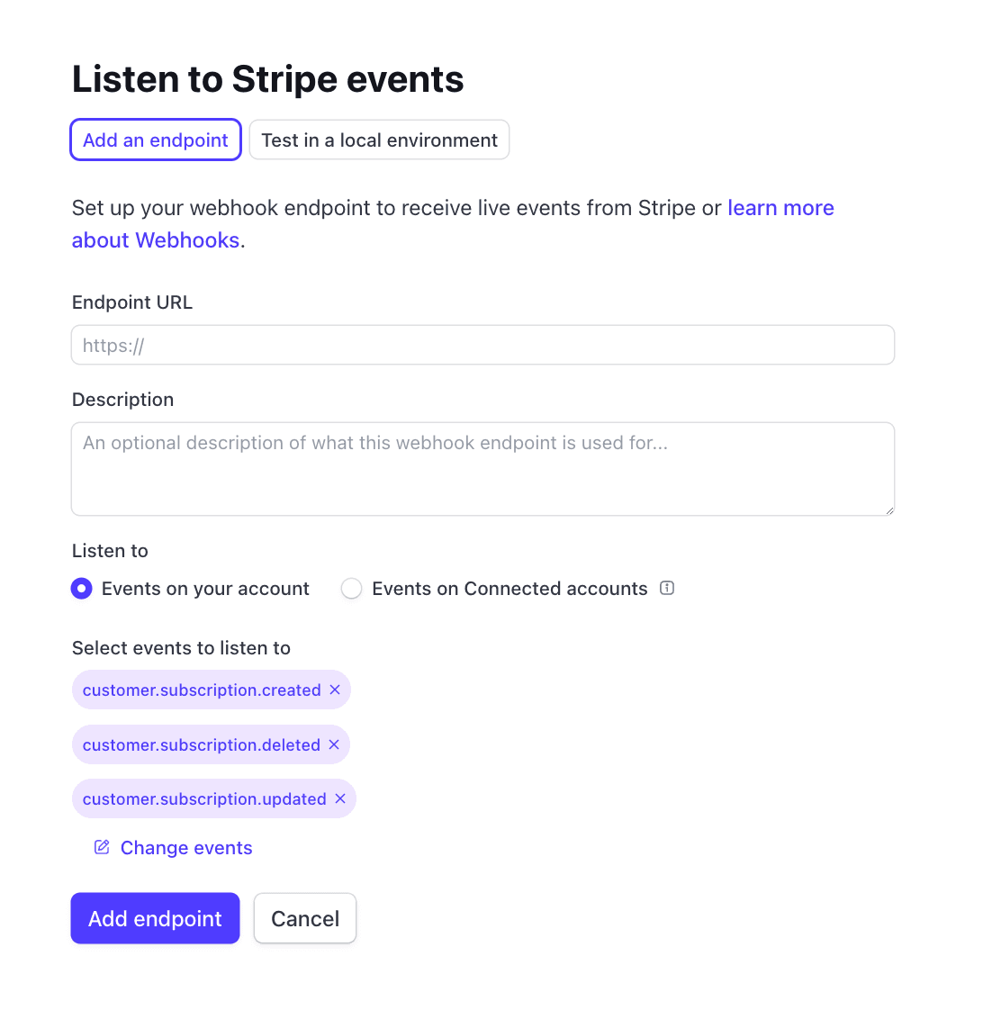 Stripe webhook configuration