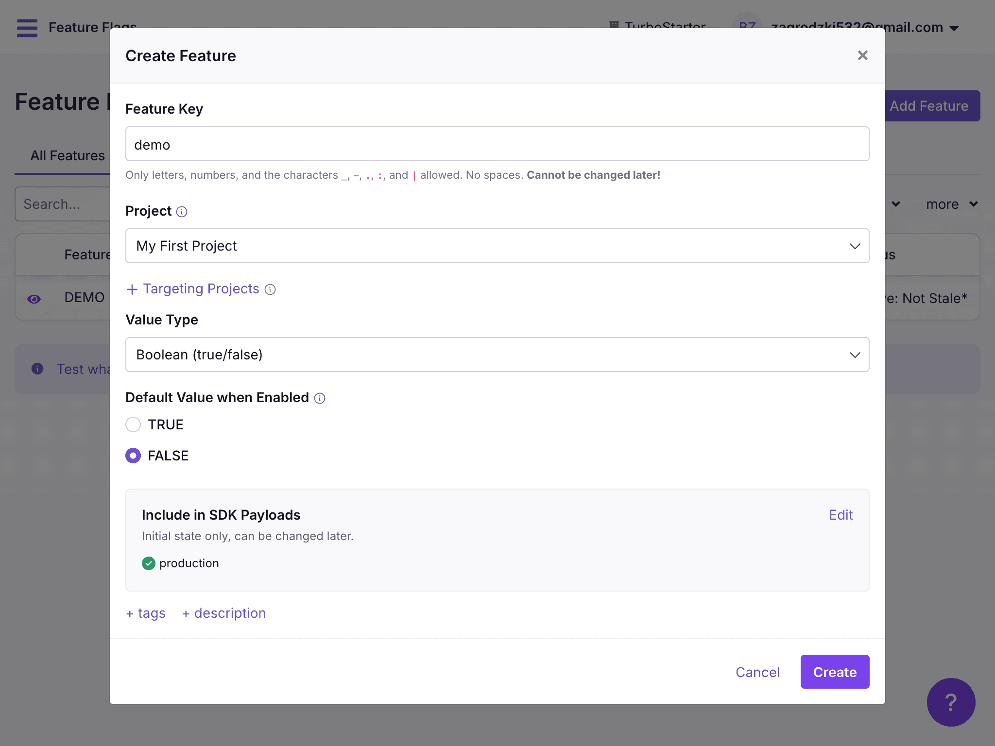 GrowthBook features dashboard